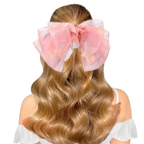 Outyua Tulle Pink Hair Bow for Women Big Bows for Hair Chiffon Bow Clip Colorful Bow for Hair Bar...