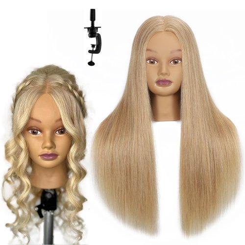 Mannequin Head 100% Human Hair 24" Hairdresser Training Head Cosmetology Manikin Doll Head for Hair Styling Dye Cutting Braiding Practice with Free Clamp Holder(Blonde)