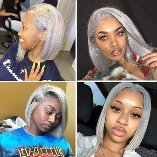 Lace Front Wigs Human Hair Pre Plucked with Baby Hair Remy Hair Bob Lace Wig for Black Women 12" 150% Density Brazilian Virgin Hair Straight Grey Colored Bob