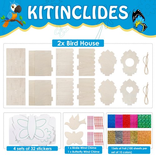Jamboa Kids Crafts for Ages 6-14, 2 Pack Montessori Bird House/Foil/Wind Chime/Stickers, Genius Designer DIY Birdhouse Wooden Art Set, Idea Birthday for Girl Boy Children 6 7 8 9 10 Year Old