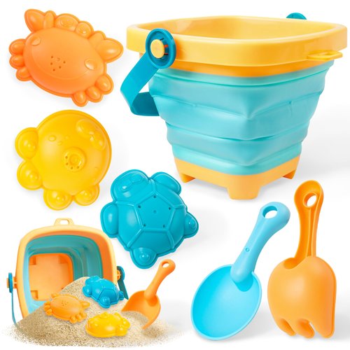 SMILESSKIDDO Collapsible Beach Toys for Kids - Collapsible Beach Buckets with Sand Molds, Sand Scoops and Sand Shovel Set, Sand Toys for Toddlers