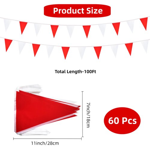 Rotenl 100 Feet 60 Pcs Red and White Pennant Banner Flags String Hanging Triangle DIY Flags, Bunting Streamers Decorations for Grand Opening, Birthday, Wedding, Party Celebration (Red and White)