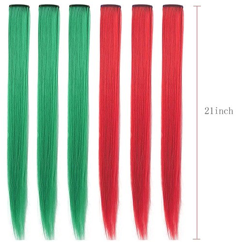 Christmas Colored Hair Extensions 21 inch Red Green Long Straight Hairpieces Clip in Synthetic for Kids Girls Women Christmas Party Supplies（6 pcs）