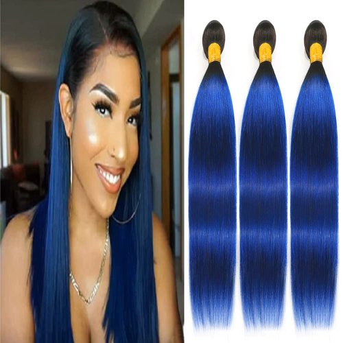 1B/Blue Bundles Human Hair Blue Straight Bundles 16 18 20 inch Double Weft Blue Human Hair Bundles Brazilian Virgin Remy Hair Extensions Black Roots To Blue Straight Human Hair Bundles