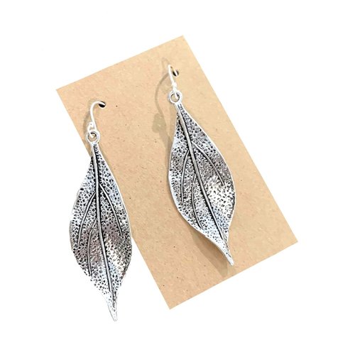 Wavy Leaf on Sterling Silver Dangle Earrings Bohemian Boho