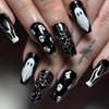 Halloween Nails Press on Nails Long Coffin Nails 24pcs Gothic Ghost Spider Web Skull Halloween Fake Nails with Glue Stick on Nails for Women and Girls Halloween Nails Decoration