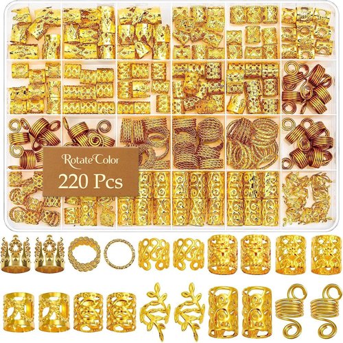 Hair Jewelry, Hair Jewelry for Braids Accessories, Gold Hair Cuffs Soft Lightweight, Hair Charms, Sturdy Adjustable Hair Rings, Hair Cuffs, Gold Hair Clips for Braids (220Pcs-Gold)