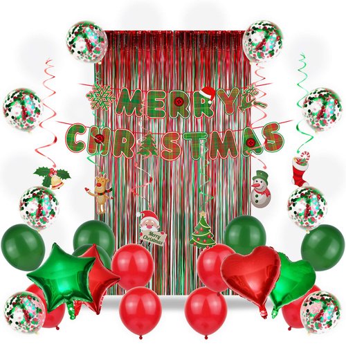 Christmas Party Decoration Supplies Christmas Balloons Merry Christmas Banner Hanging Swirls Red and Green Metallic Fringe Curtains Christmas Decor