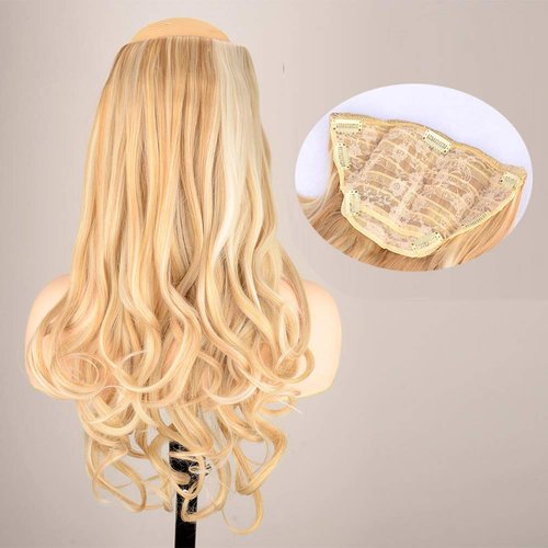 DIGUAN One Piece Clip in Hair Extensions Curly Curl Wave Full Head Long 24" 155g U part Synthetic Hairpiece For Women Natural Real Hair Piece (#White Golden Marbling)