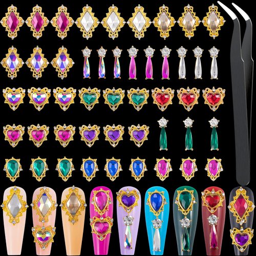 Nail Rhinestones 48Pcs Big Charms Silver 3D Crystals Iridescent AB Diamonds Gold Metal Frame for ...