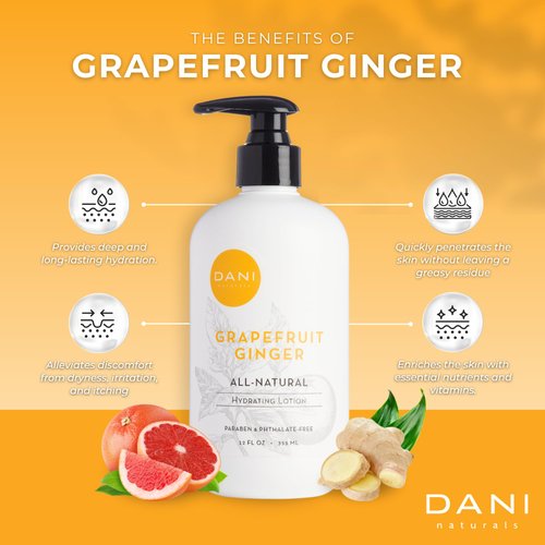 DANI Naturals Hand & Body Lotion - Grapefruit Ginger, Moisturizing Lotion for Dry Skin with Aloe Vera, Vitamin E & Shea Butter, Deep Hydration Lotion for Women, For All Skin Types, Paraben-Free, 12 Oz