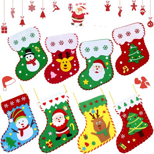 Skylety Christmas Felt Crafts for Kids DIY Christmas Felt Stockings with Ornaments Snowman Sewing Sock Kits for Kids Christmas Decoration for Christmas Party Handmade DIY Craft Supplies (16 Pieces)