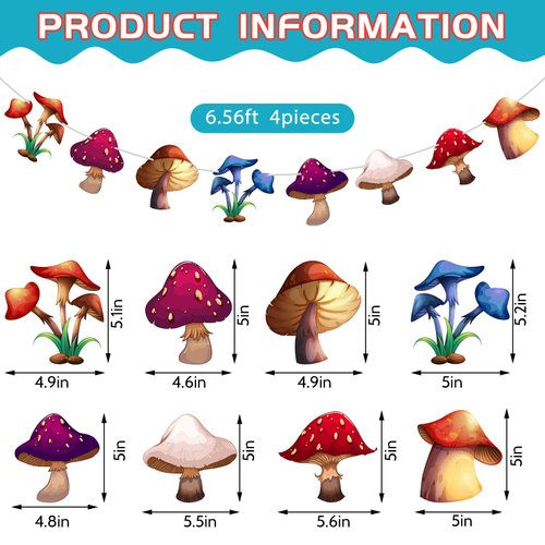 Tranqun 4 Set Mushroom Banner Mushroom Garland Mushroom Party Decorations for Baby Shower Wild Mushroom Themed Birthday Party Favors