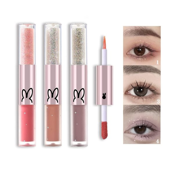 KWOLYKIM 3 Pack Double Head Liquid Glitter Eyeshadow Makeup Glitter 2 in 1 Eyelshadow Eye Glitter and Matte Eyeliner, Pigmented, Long Lasting, Quick Drying, Loose Glitter Glue for Eye Makeup