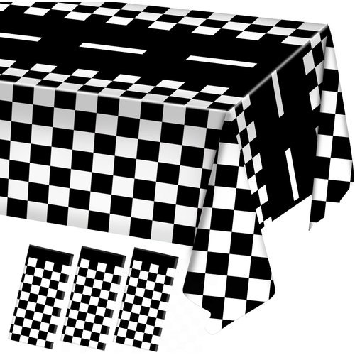 3 Packs Checkered Race Car Party Tablecloths Black and White Checkered Stripes Theme Party Touchdown Table Cover for Motor Racing Birthday Party Decorations Supplies Racing Party Favor, 54" x 108"