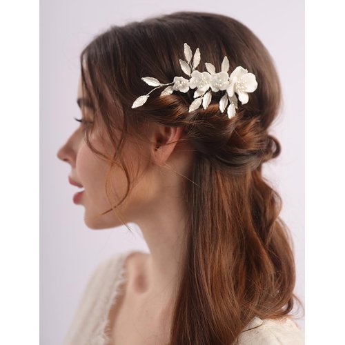 Rumtock White Flower with Silver Leaf Pearl Hair Comb for Women Wedding Bridal Handmade Small Side Headpiece