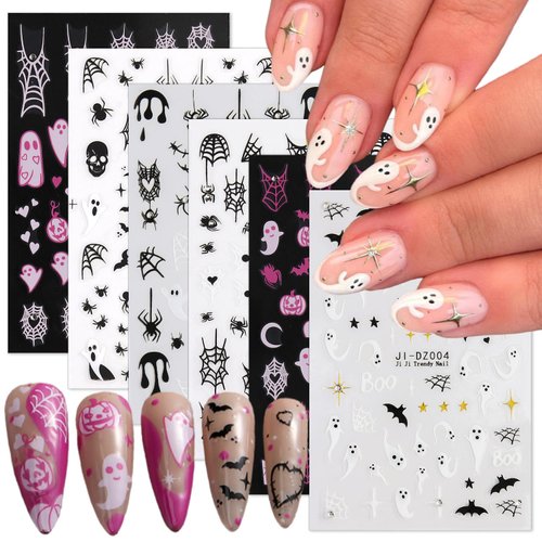6 Sheets Halloween Nail Art Stickers Decals White Pink Ghost Spider Bats Nail Design 3D Halloween Pumpkin Skull Spider Web Self Adhesive Nail Decals for Women DIY Halloween Nail Decoration Supply