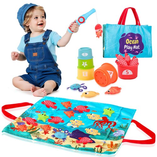 Montessori Toy for 1 Year Old Baby Christmas Stocking Stuffers Gift, 22 PCS Toys Fishing Game Set with Stacking Cup - Number Counting, Color and Shape Sorter Learning for Toddler 1-3 Year Old Boy Girl
