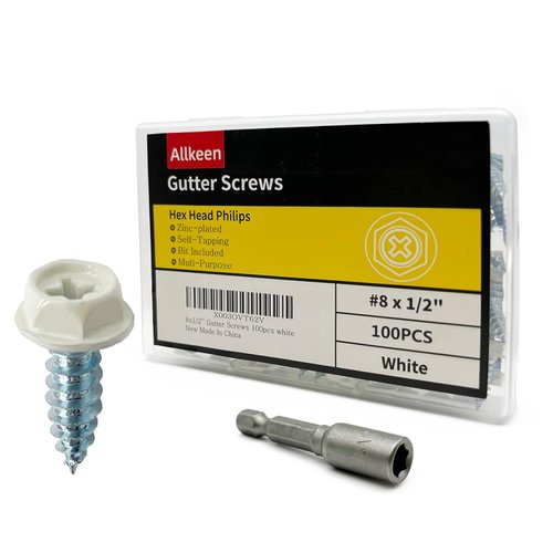 Allkeen Self-Tapping Gutter Screws White Painted Hex Head #8 x 1/2" Zinc Plated Finish, 100 Pieces, Socket Bit Included