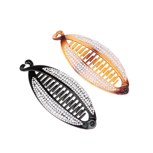 FRCOLOR Hair Clip for Women Small Banana Clips for Thin Hair Curly Hair Crystal Pearl Ponytail Clip Banana Claw Clip 2pcs