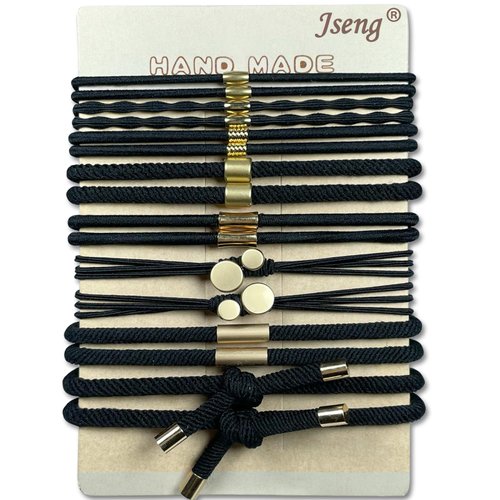 Jseng Black Hair Ties for Women, Bracelet Hair Ties for Thick or Thin Hair, 8 Styles Metal Beads Hair Ties, No Damage 16PCS Black