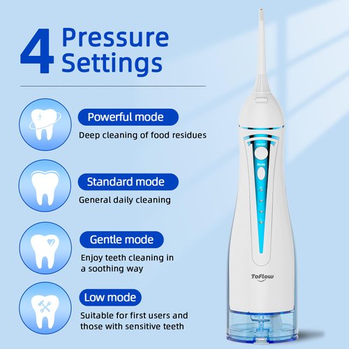 ToFlow Water Dental Flosser Teeth Pick: 4 Modes Travel Portable Water Flosser, Rechargeable Irrigation Cleaner for Teeth, 300ML Cordless Oral Irrigator with 5 Jet Tips, IPX7 Waterproof Dental Flosser