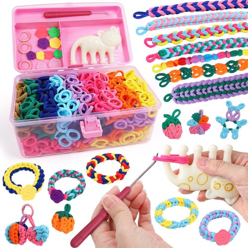DDAI Elastic Cloth Band Bracelet Making Toy - Arts and Crafts Kit for Kids Weaving Loom Bracelets Kit 1000+ Colorful Fabric Loops - Birthday Gift for Girls Boys 6 7 8-12 Years Old