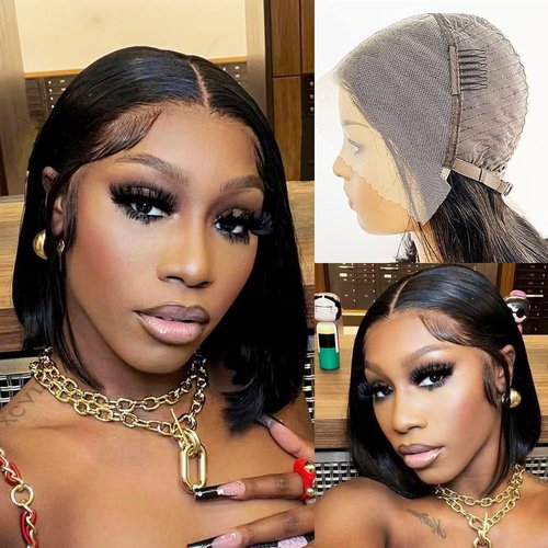 Karlami 13X4 Bob Wig Human Hair Frontal Lace Wig Glueless Wig 150% Density Straight Short Bob Wigs for Black Women Deep Side Part Bob Wig (Black, 12 INCH)