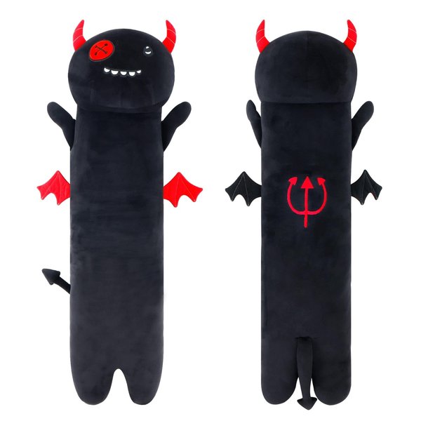 Kumikumi Long Black Cat Plush Body Pillow, 27.6'' Cute Cat Stuffed Animals Soft Plushies, Kitten Plush Throw Pillow Doll Toy Valentines Day Gift for Kids Girlfriend (Devil