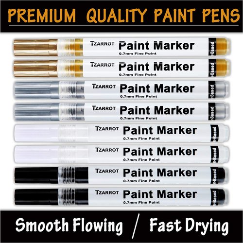 White Paint Pen, 8 Pack 0.7mm Acrylic Paint Pens with 2 White 2 Black 2 Gold 2 Silver Paint Pen Permanent Marker for Wood Rock Fabric Metal Plastic Ceramic Acrylic Paint Markers Extra Fine Tip