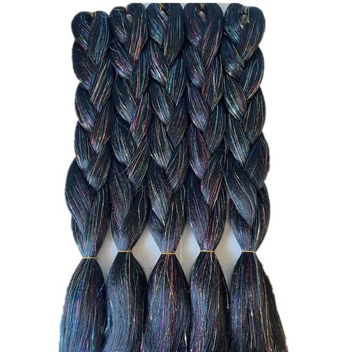 24inch Black Synthetic Glitter Braiding Hair Extensions Jumbo Braids Hair With Tinsel Sparkle Braiding Hair Bulk Attachment 5packs/lot for Crochet Hair (Sparkling black)