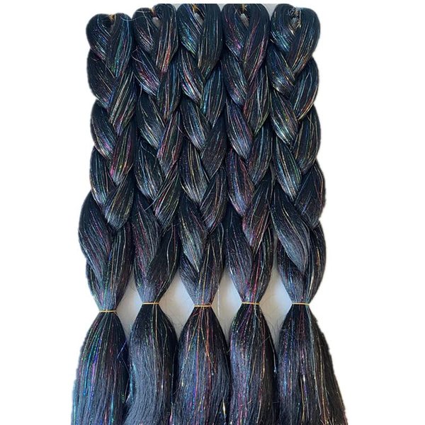 24inch Black Synthetic Glitter Braiding Hair Extensions Jumbo Braids Hair With Tinsel Sparkle Braiding Hair Bulk Attachment 5packs/lot for Crochet Hair (Sparkling black)