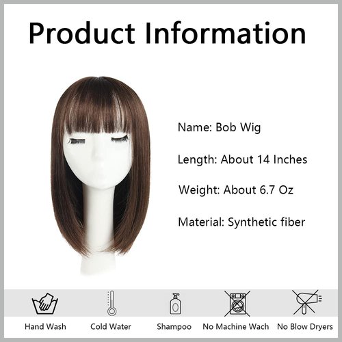 HSPJHTM Bob Wig, Brown Short Wigs Flame Retardant 14" Straight Silky Fluffy Womens Hair Wigs Synthetic Black Wig With Bangs Girl Cosplay Colorful Blonde Women Daily Much Colors (Free Wig Cap)