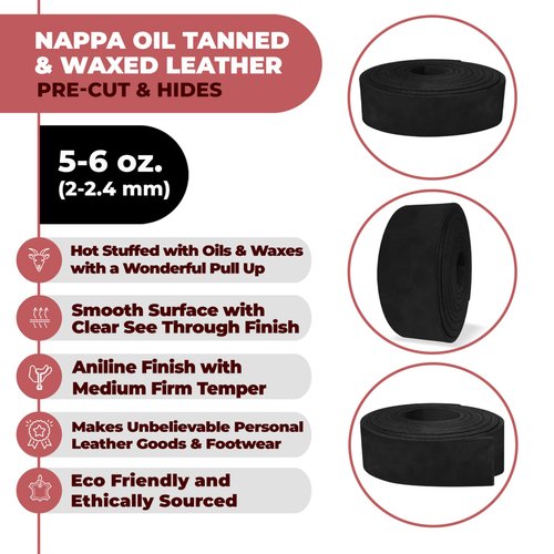 ELW 5-6 oz (2-2.4mm) Nappa Oil Tanned & Waxy Finish Leather Belt Grade Straps | Size: 0.5"x84" (1.3x213cm) | Black Color | Full Grain Craftsman A/B Grade Natural Cowhide, DIY, Crafting, Strips