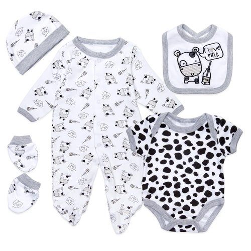 5 Pcs Reborn Baby Doll Clothes and Accessories for 17-22 Inch Reborn Dolls Cute Cow Pattern Dolls Clothes Outfits with Hat Bib + Socks Newborn Boy&Girl