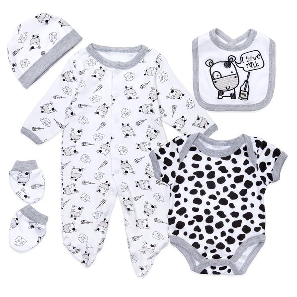 5 Pcs Reborn Baby Doll Clothes and Accessories for 17-22 Inch Reborn Dolls Cute Cow Pattern Dolls Clothes Outfits with Hat Bib + Socks Newborn Boy&Girl