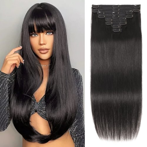 Straight Human Hair Clip in Hair Extensions 100% Unprocessed Full Head Brazilian Virgin Hair Natural Black Color,Double Wefts,8/Pcs with 18Clips,125Gram (16 Inch)