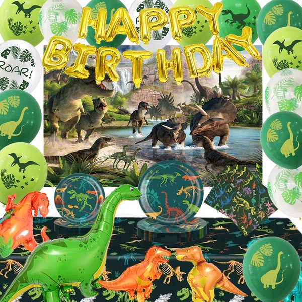 Optiacan Dinosaur Party Decorations, Dinosaur Birthday Decoration, Include 9inch Plates, Napkins, Banner, tablecloth,Latex and Aluminum foil Balloons Set for Baby Shower Dino Themed Party