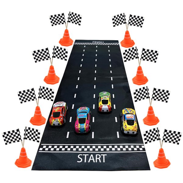 41PCS Mini Race Car Table Game Set Mini Race Cars Traffic Cones Checkered Flags Racetrack Tablecloth for Doll House Decor Birthday Party Supplies