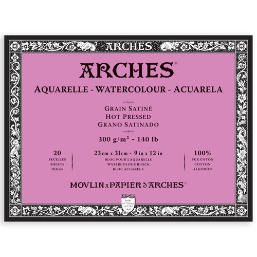Arches Aquarelle Watercolor Block, Hot Pressed, 140lb/300gsm, 20 Sheet, 9x12 inch, Watercolor Paper 100% Cotton
