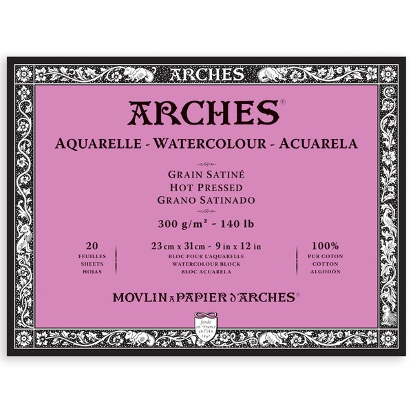 Arches Aquarelle Watercolor Block, Hot Pressed, 140lb/300gsm, 20 Sheet, 9x12 inch, Watercolor Paper 100% Cotton