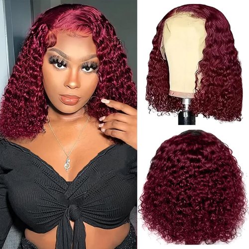 Jinhongze 99J Burgundy Lace Front Wigs Human Hair Burgundy Curly Bob Wigs Human Hair 13x4 Lace Front Wigs Short Curly Bob Wigs Deep Curly Lace Front Wigs for Black Women 10 Inch