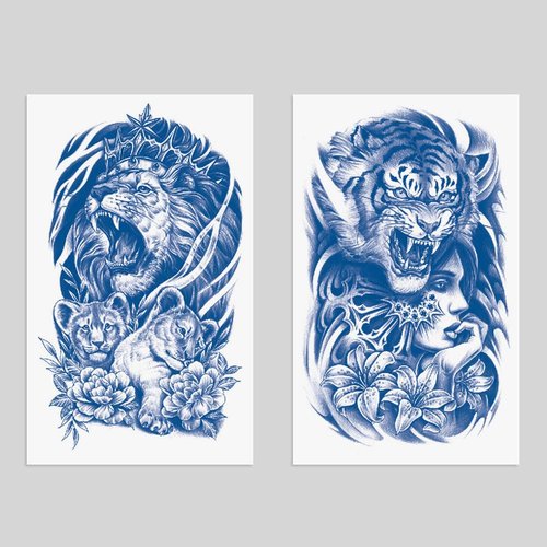 Oottati 2 Sheets Semi Permanent Waterproof Temporary Tattoos, 2 Weeks Long Last, 100% Plant-Based Ink Infinity Realistic Stickers, Tiger Lion Women Flower