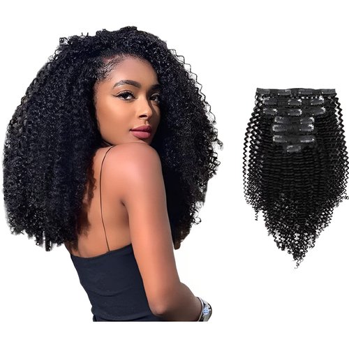 ABH AmazingBeauty Hair Kinkys Curly Human Hair Clip in Extensions Virgin Natural Color 3C and 4A Type for Bantu Knotted, Twisted Out, 120 Gram, Jet Black 1, 20 Inch