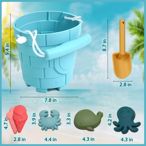 Silicone Beach Toys, Silicone Beach Bucket, Travel Friendly Portable Beach Set with Bucket, Shovel, Cute Beach Models, Outdoor Summer Toy Set for Kids (Sky Blue)