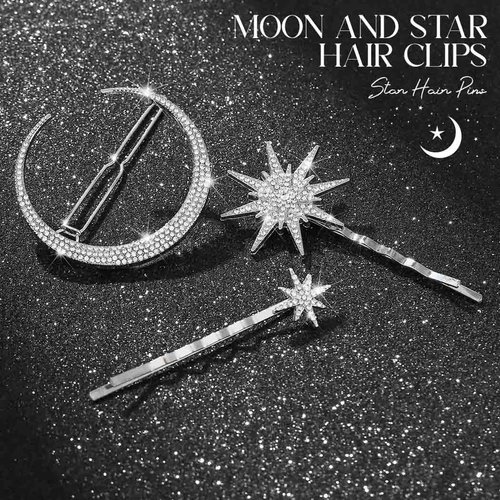 Bartosi Rhinestone Moon Hair Clips Silver Star Hairpins Crystal Decorative Bobby Pin Bride Wedding Hair Pins Side Clip Hair Accessories for Women and Girls (Pack of 3)