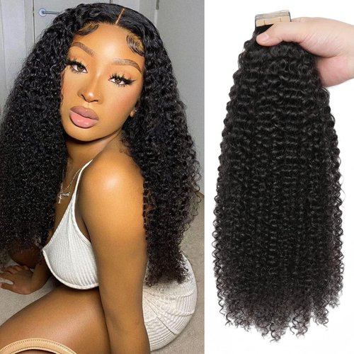 Hotlulana 40pcs Curly Tape In Hair Extensions Human Hair 3c 4a Kinky Curly Tape Ins for Black Women Full Head Invisible Seamless Tape in Extensions Real Human Hair Natural Color 18 Inch