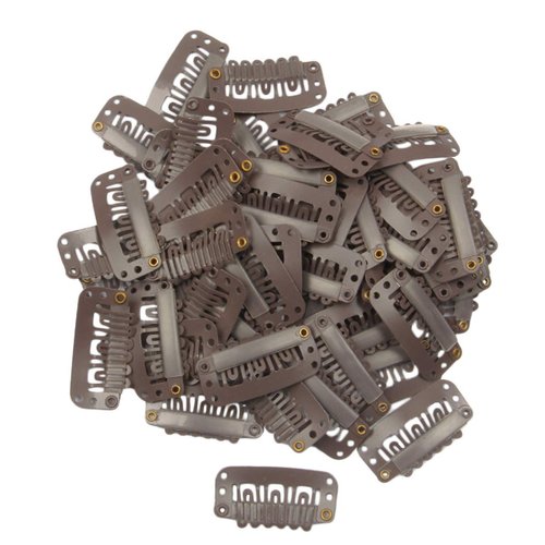 YUXIANG 50pcs Hair Extension Clip 32mm Snap Clips for Hair Extensions 6-Teeth Dark Brown Color Wig Clips and Thread and Needles (Dark Brown -50pcs)