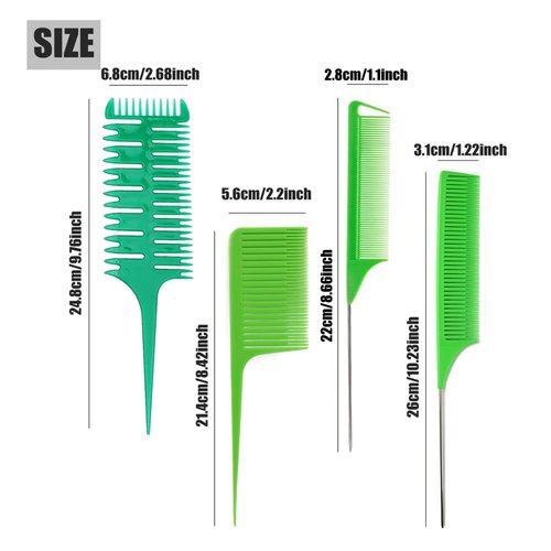 Hair Styling Comb,Highlighting Professional Styling Comb Metal Rat Tail Teasing Comb Dyeing Comb Foiling Comb for Home Hairstylist Barber Styling Weaving (4 Pcs Green)