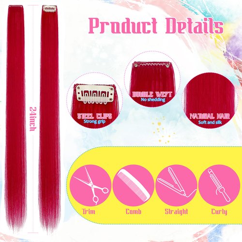FeidyLong Rose Red Hair Extensions, 1 PCS 24 Inch Long Straight Clip in Hair Extensions, Synthetic Hairpiece for Kids Girls Women Highlight Party